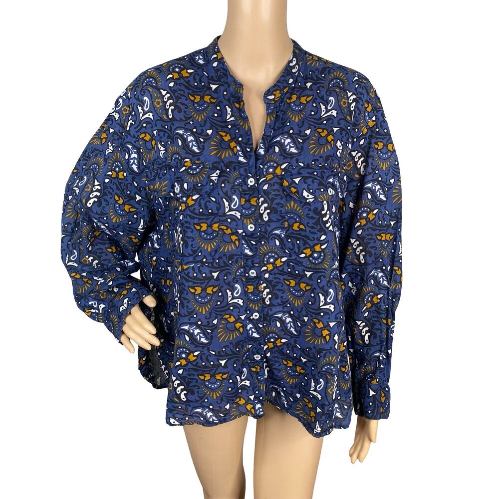 Gerard Darel Paisley Cotton Blouse US 14 French Blue Orange Boho Western TLC